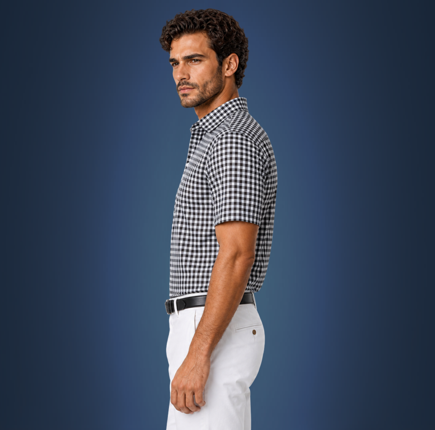 Semi-Spread Collar Black and White Gingham
