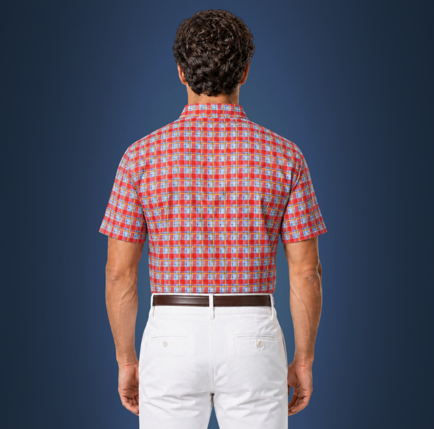 Semi-Spread Collar Red and Sky Blue Grid Check