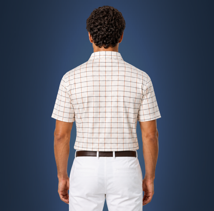 Semi-Spread Collar White with Blue and Orange Grid