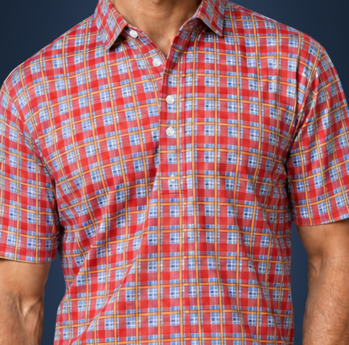 Semi-Spread Collar Red and Sky Blue Grid Check