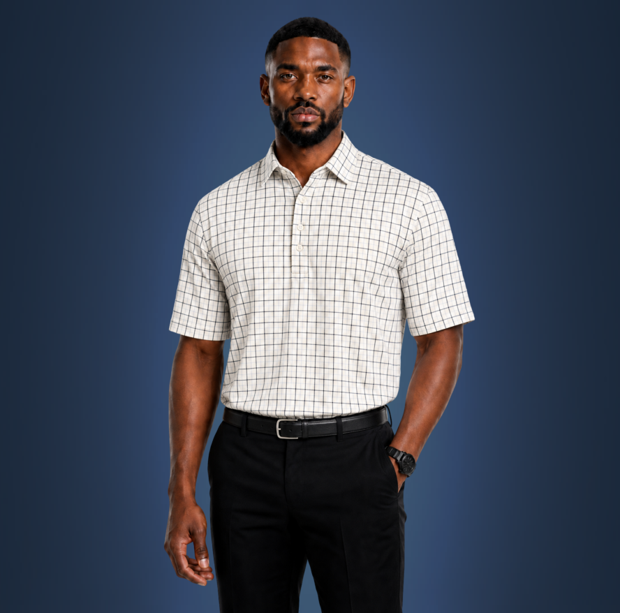 Semi-Spread Collar White with Black and Blue Grid