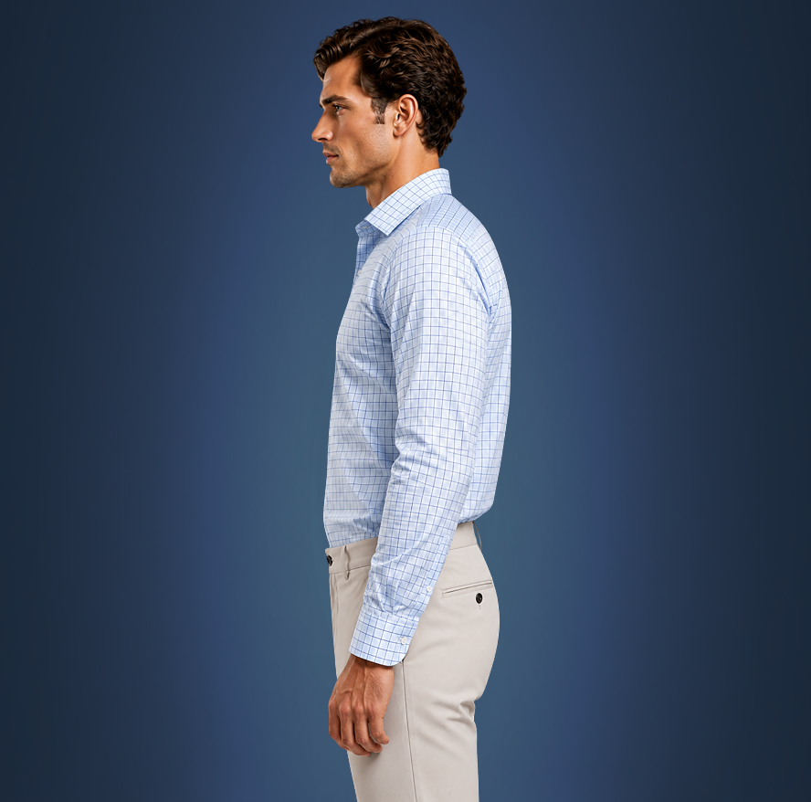Semi-Spread Collar Village Blue Check Dress Shirt