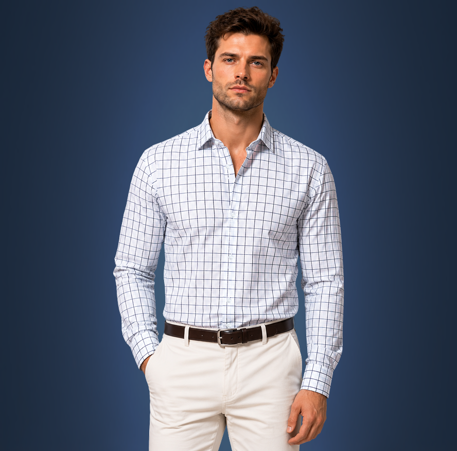 Semi-Spread Collar White with Black and Blue Grid Dress Shirt