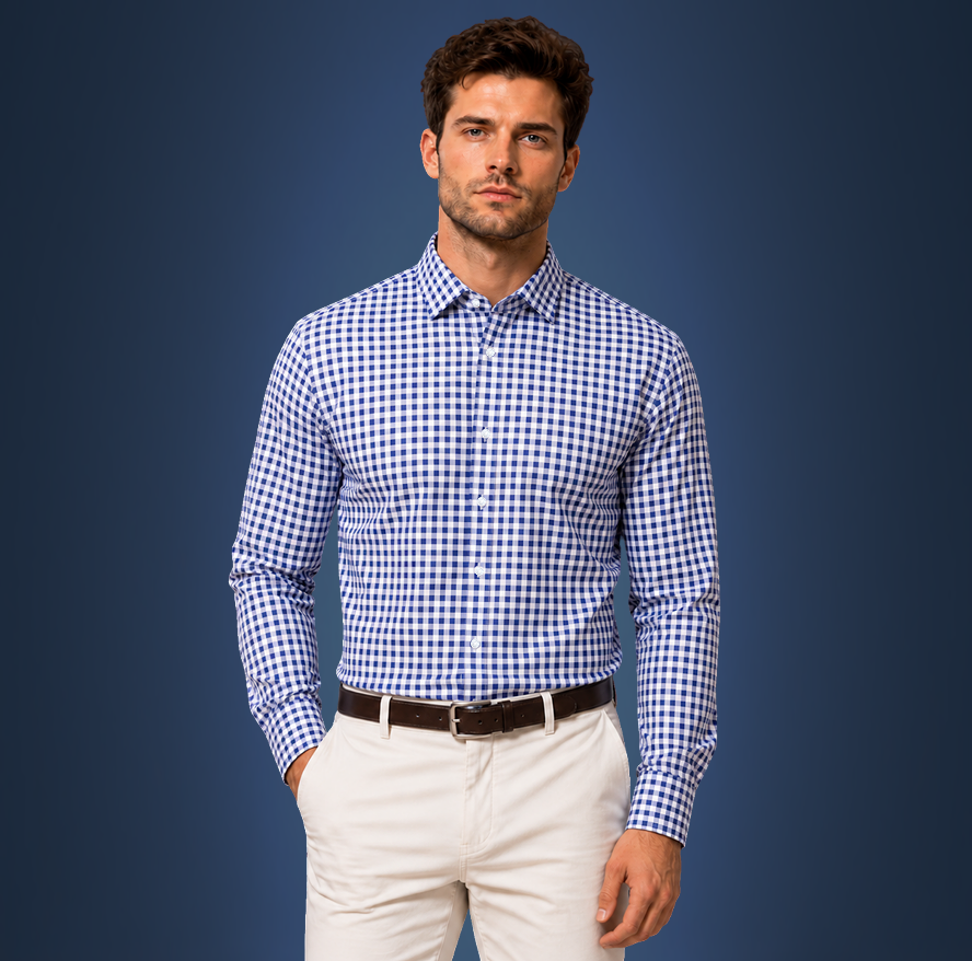 Semi-Spread Collar Collar Navy and White Gingham Dress Shirt