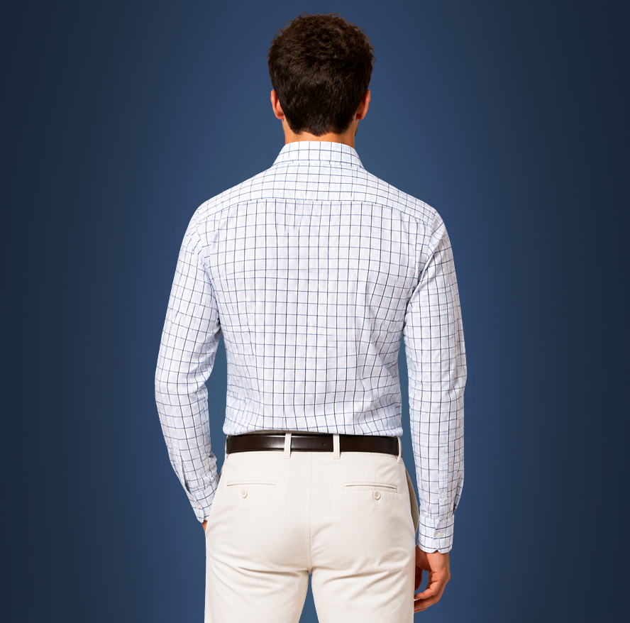 Semi-Spread Collar White with Black and Blue Grid Dress Shirt