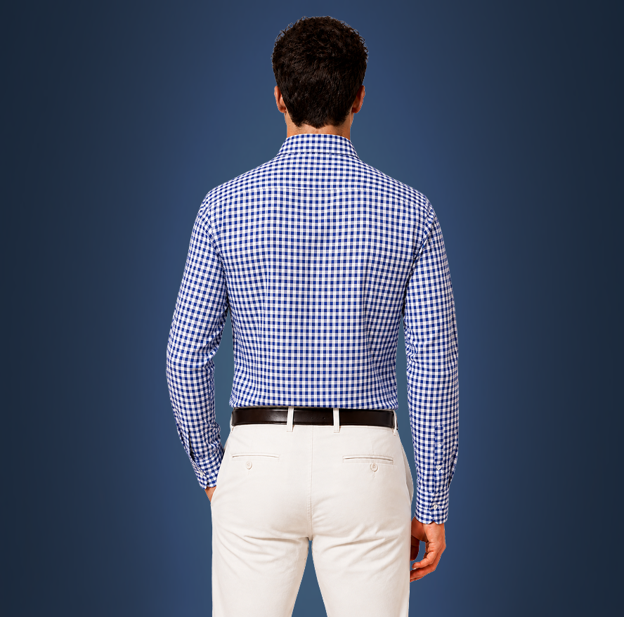 Semi-Spread Collar Collar Navy and White Gingham Dress Shirt