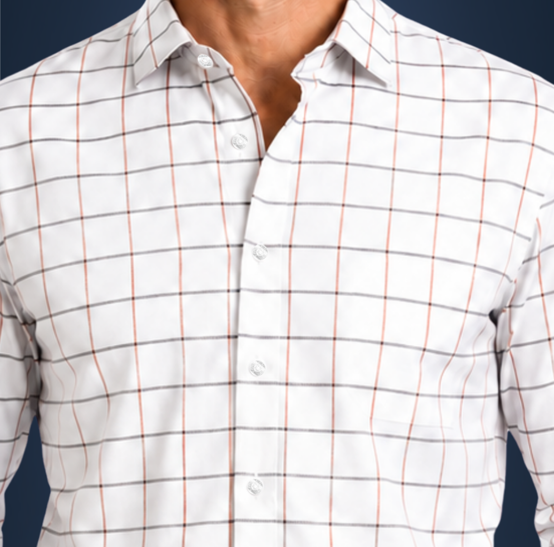 Semi-Spread Collar White with Blue and Orange Grid Dress Shirt