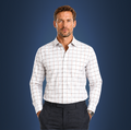 Semi-Spread Collar White with Blue and Orange Grid Dress Shirt