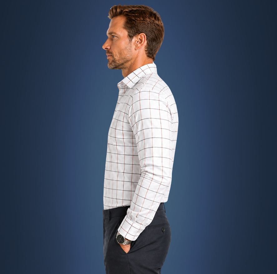 Semi-Spread Collar White with Blue and Orange Grid Dress Shirt