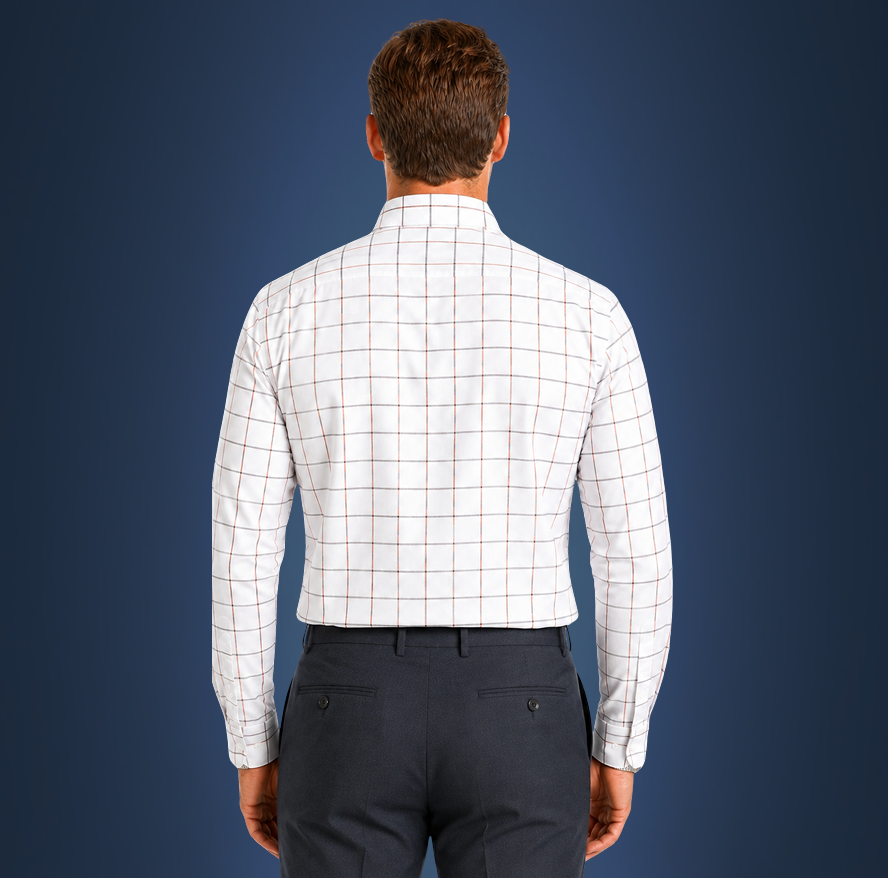 Semi-Spread Collar White with Blue and Orange Grid Dress Shirt