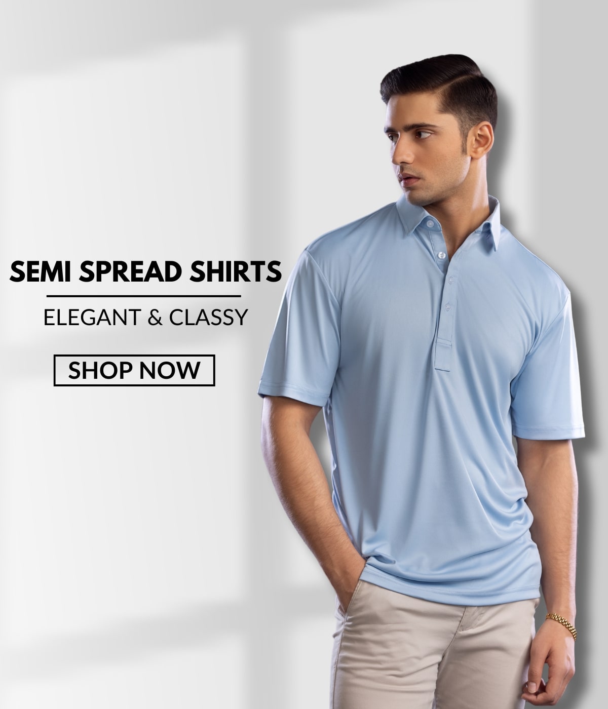 Semi Spread Collar Polo Shirt – refined design with a moderate collar spread for versatile style.