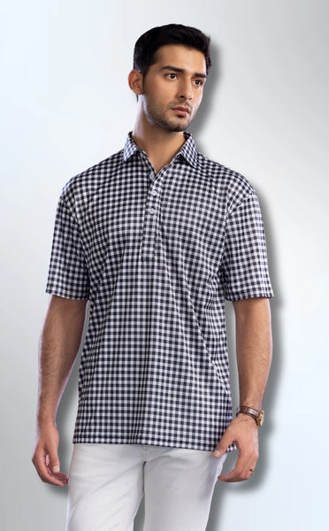 Semi-Spread Collar Black and White Gingham Shirt