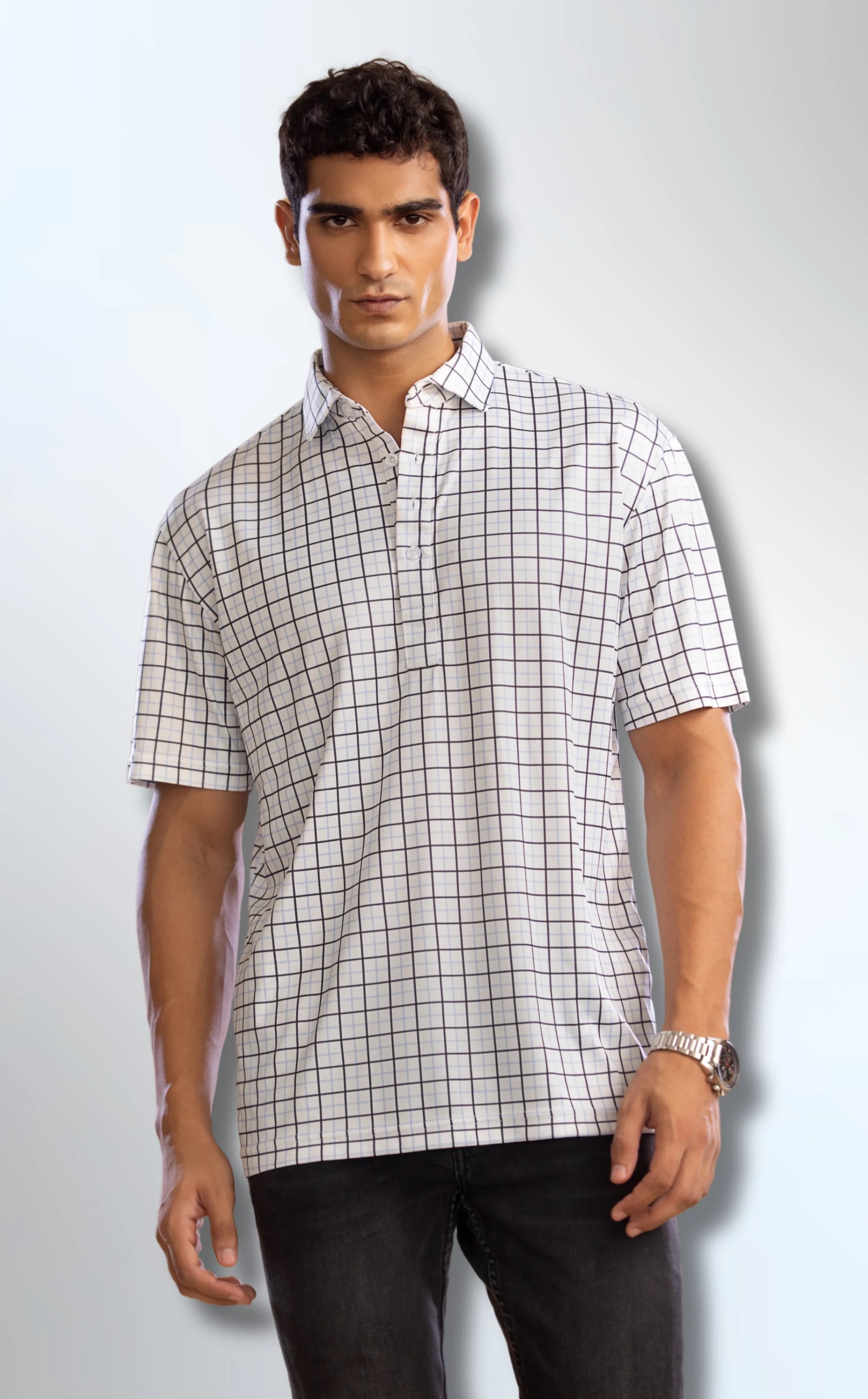 semi spread collar white with black and blue grid