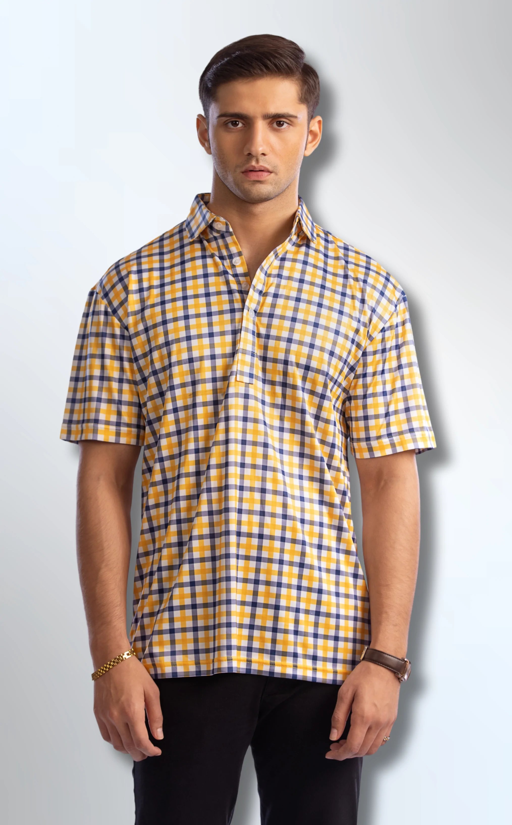 semi spread collar yellow with blue grid check
