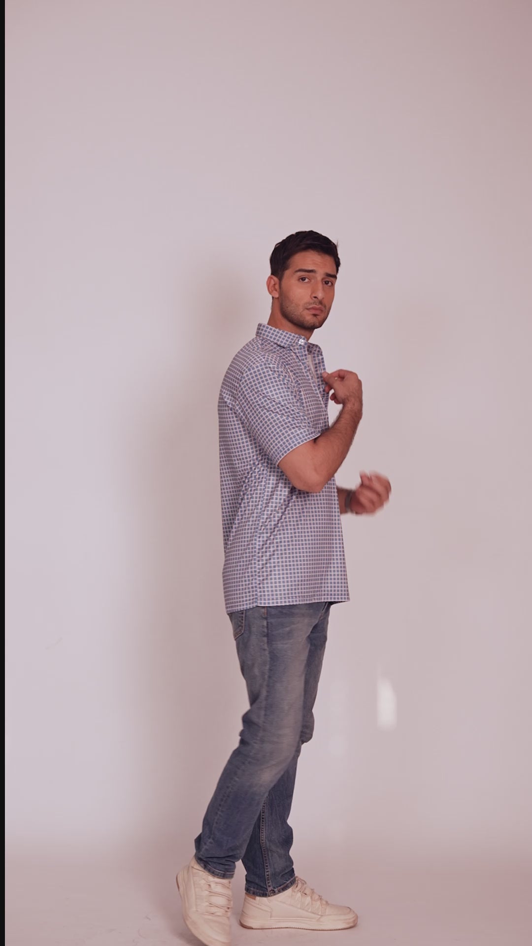 Dressy Polo Semi-Spread Collar Blue with White Grid Check