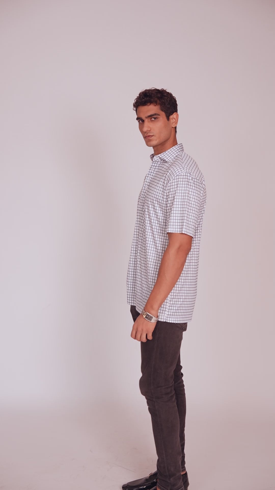 Dressy Polo Semi-Spread Collar Blue Tattersall